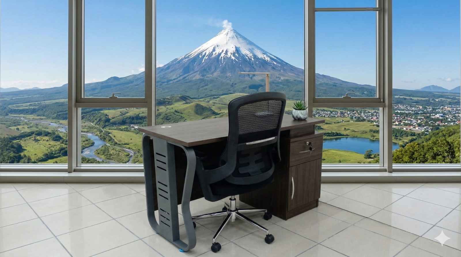 Vista de conjunto SuperCOMBO con escritorio HOLZ R y silla operativa SAU configurados