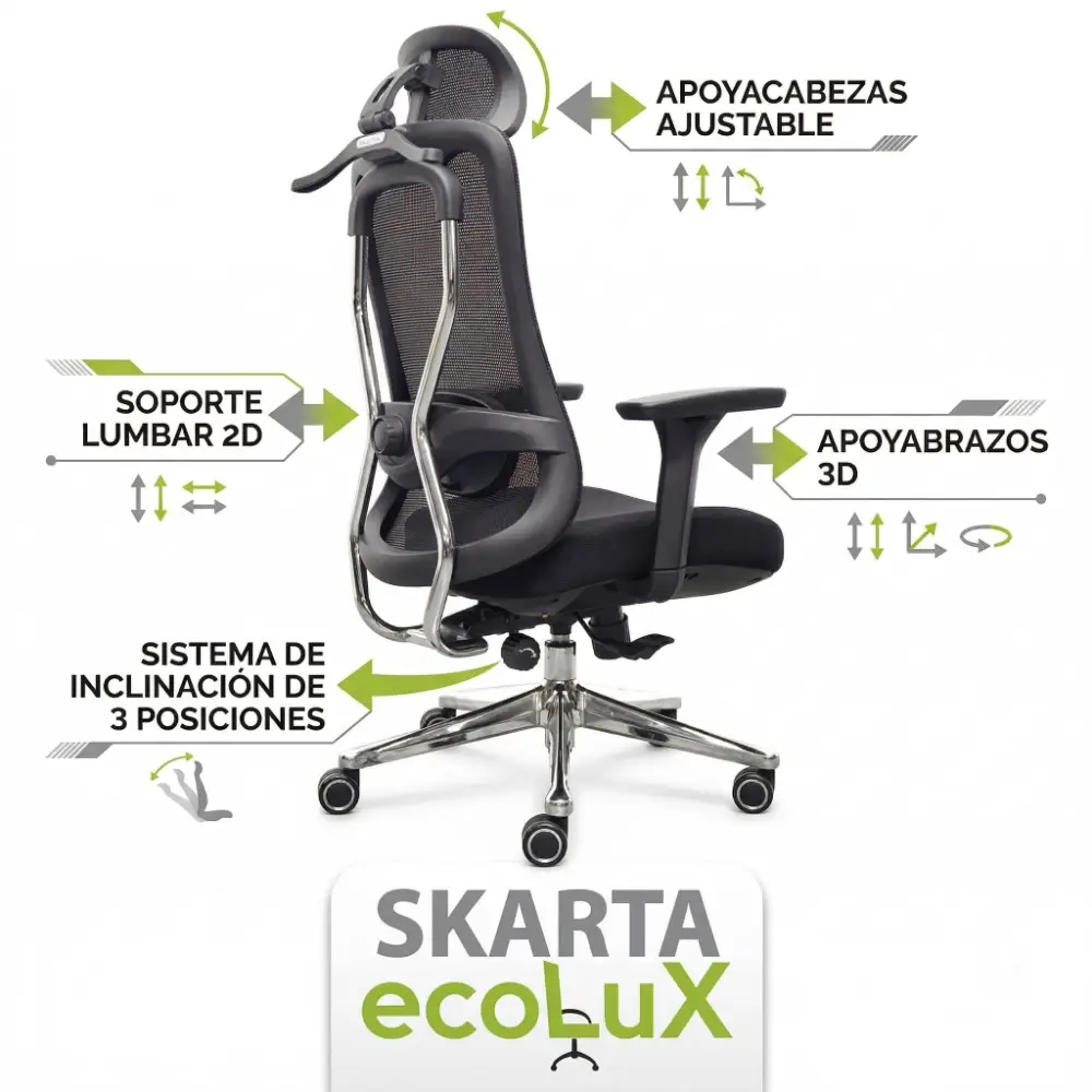 Vista 3/4 silla Ergoflex Skarta con mecanismo sincronizado y respaldo reclinable negro