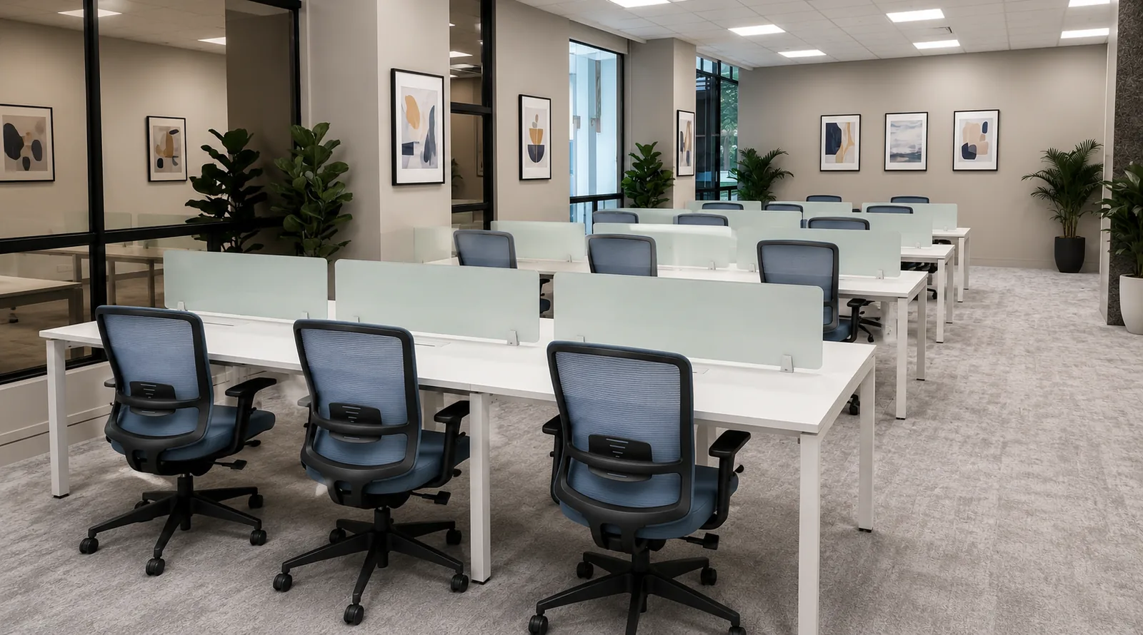 Open office corporativo con estaciones benching, divisores de vidrio y sillas Teos 2 azules — instalación MobelArt El Salvador