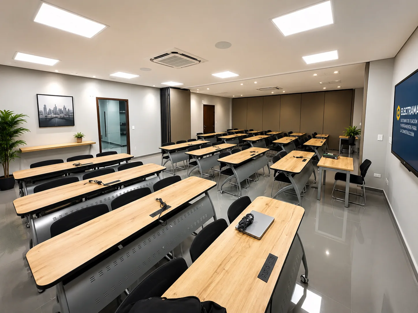 Sala de entrenamiento corporativa con estaciones tipo benching, sillas operativas y pantalla — instalación MobelArt en El Salvador